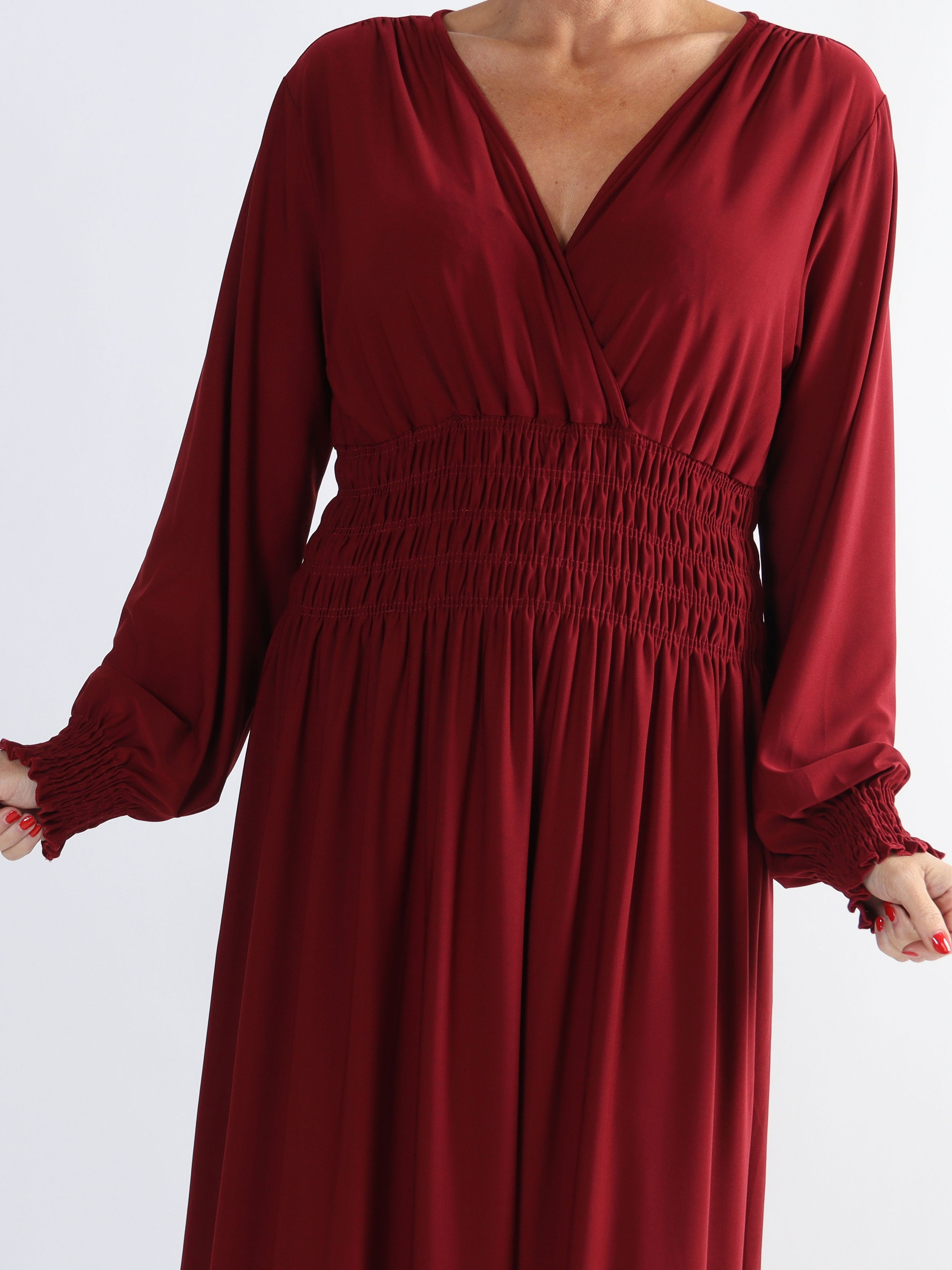 Pams Plain L/S - Elastisk plus size kjole med smock og lange ærmer